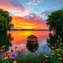 A straight-on front view of a serene landscape featuring a vibrant sunset over a calm lake, with colorful reflections in the water