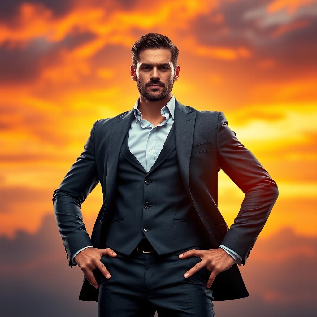 A confident male figure embracing his power, standing tall with a strong posture