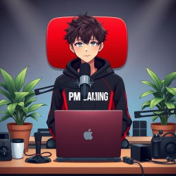 An 18-year-old anime boy sitting in front of a computer desk, featuring a sleek microphone and an open laptop