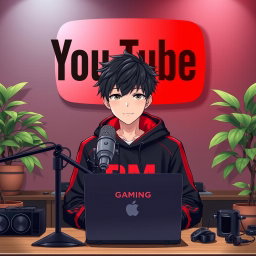 An 18-year-old anime boy sitting in front of a computer desk, featuring a sleek microphone and an open laptop