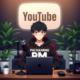 An 18-year-old anime boy sitting in front of a computer desk, featuring a sleek microphone and an open laptop