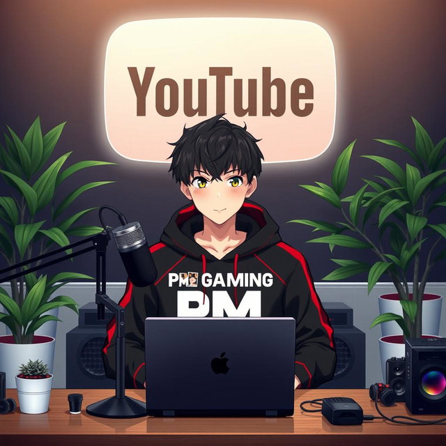 An 18-year-old anime boy sitting in front of a computer desk, featuring a sleek microphone and an open laptop