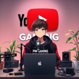 An 18-year-old anime boy sitting in front of a computer desk, featuring a sleek microphone and an open laptop