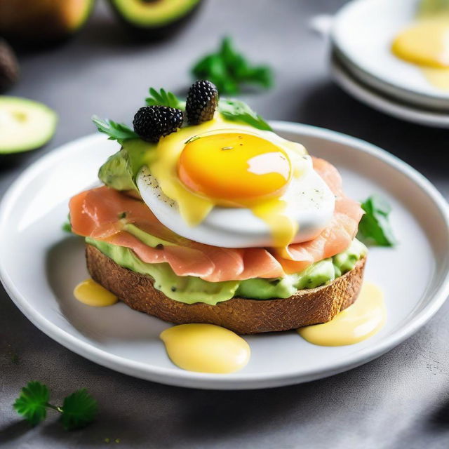 Two poached eggs on a slice of crusty bread, smothered in ripe avocado, savory smoked salmon, luxurious caviar, and covered in a rich, creamy hollandaise sauce. All beautifully arranged on a white porcelain plate.