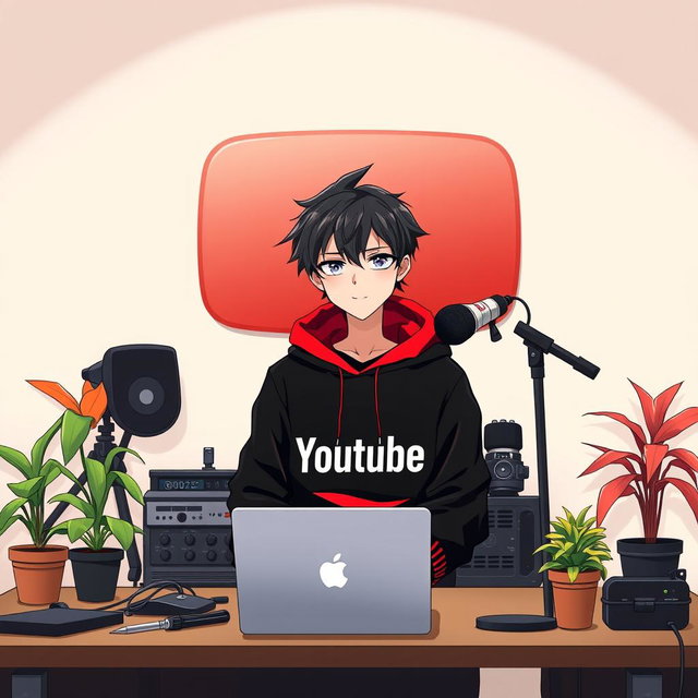 An 18-year-old anime boy with a trendy hairstyle, sitting in front of a computer desk featuring a laptop and a microphone