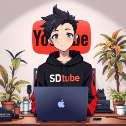 An 18-year-old anime boy with a trendy hairstyle, sitting in front of a computer desk featuring a laptop and a microphone