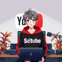 An 18-year-old anime boy with a trendy hairstyle, sitting in front of a computer desk featuring a laptop and a microphone