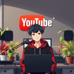 An 18-year-old anime boy with a trendy hairstyle, sitting in front of a computer desk featuring a laptop and a microphone