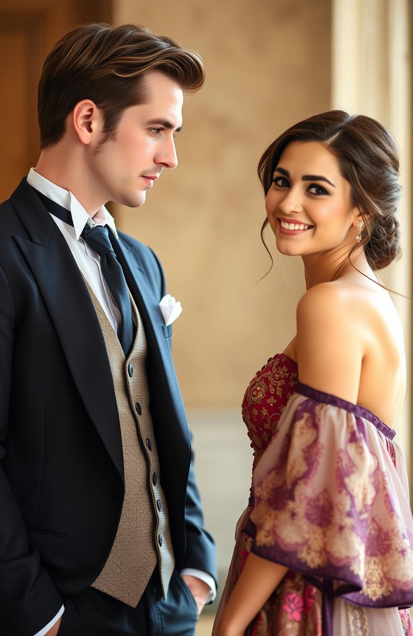 A handsome British man in an elegant suit, exuding charm and sophistication, stands with an intrigued expression
