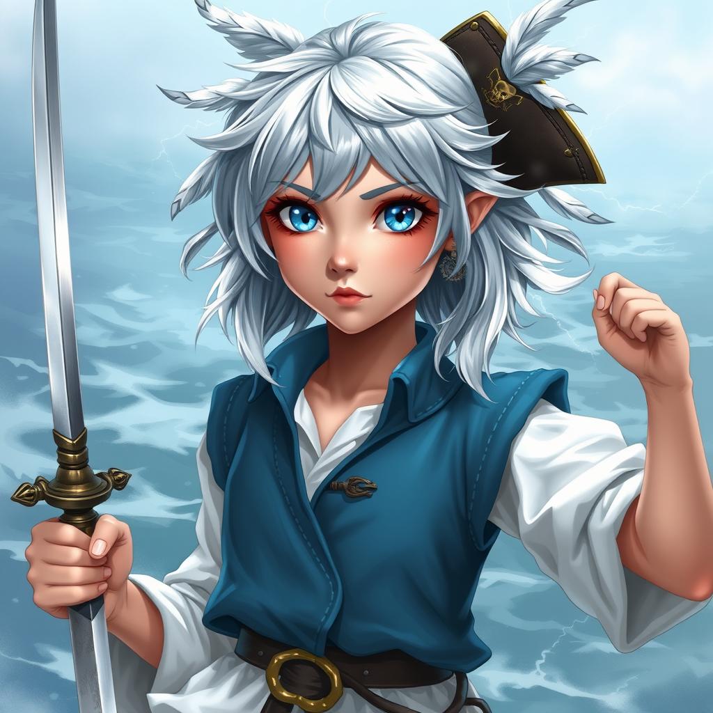 A young female air genasi character from Dungeons and Dragons, featuring silver medium-length wind-like hair adorned with feathers