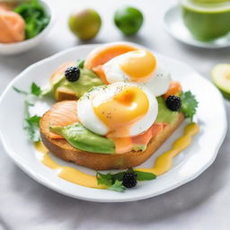 Two poached eggs on a slice of crusty bread, smothered in ripe avocado, savory smoked salmon, luxurious caviar, and covered in a rich, creamy hollandaise sauce. All beautifully arranged on a white porcelain plate.