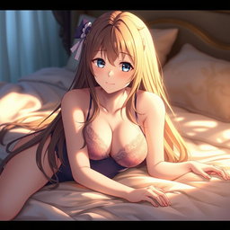A beautiful anime-style character, resembling a waifu, wearing elegant lingerie, lying gracefully on a soft bed with luxurious satin sheets