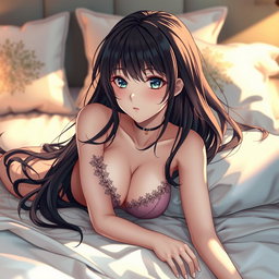 A beautiful anime-style character, resembling a waifu, wearing elegant lingerie, lying gracefully on a soft bed with luxurious satin sheets
