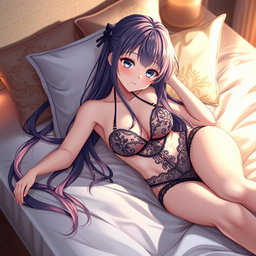 A beautiful anime-style character, resembling a waifu, wearing elegant lingerie, lying gracefully on a soft bed with luxurious satin sheets