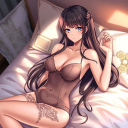 A beautiful anime-style character, resembling a waifu, wearing elegant lingerie, lying gracefully on a soft bed with luxurious satin sheets