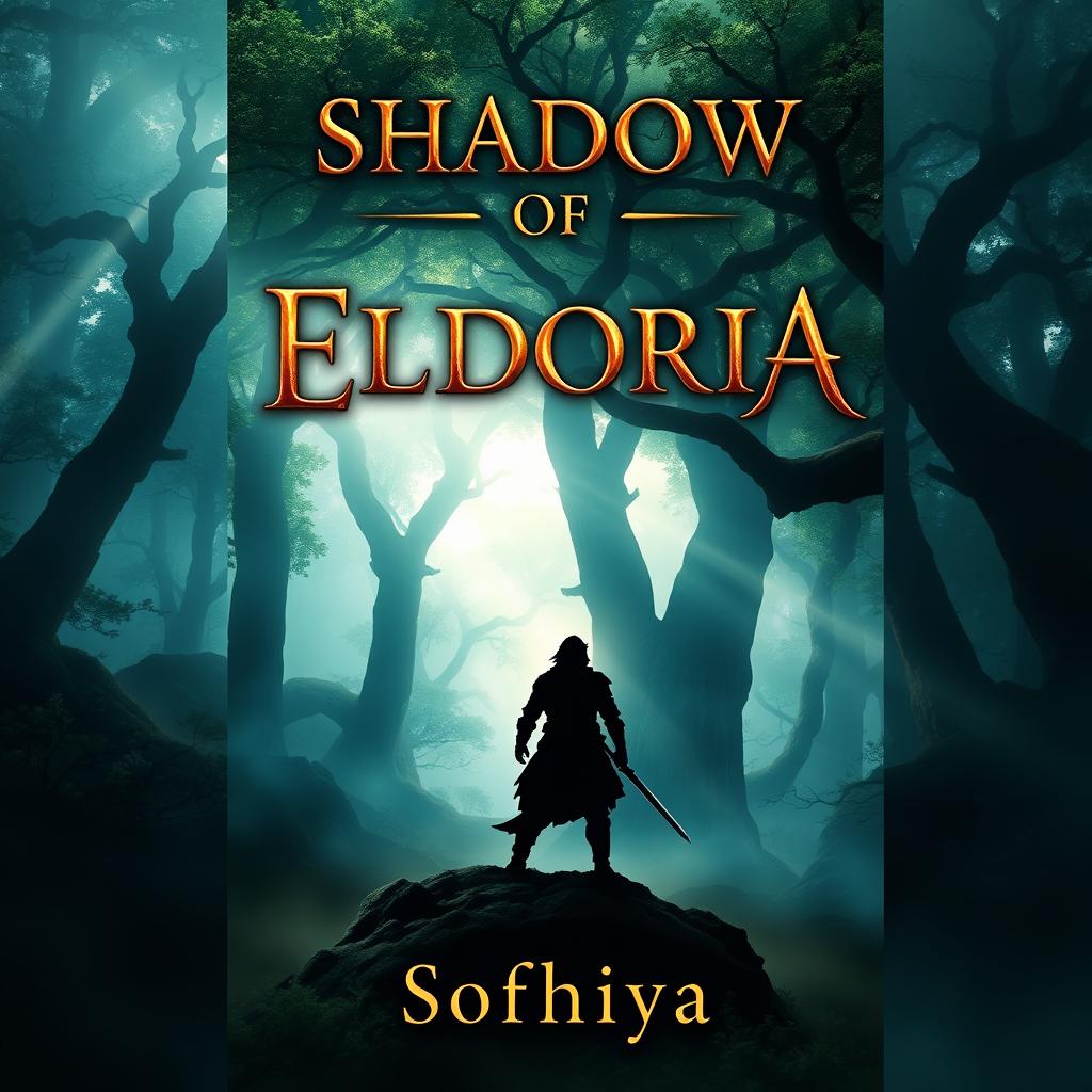 A captivating book cover design for the fantasy novel titled "SHADOW OF ELDORIA" written by Sofhiya