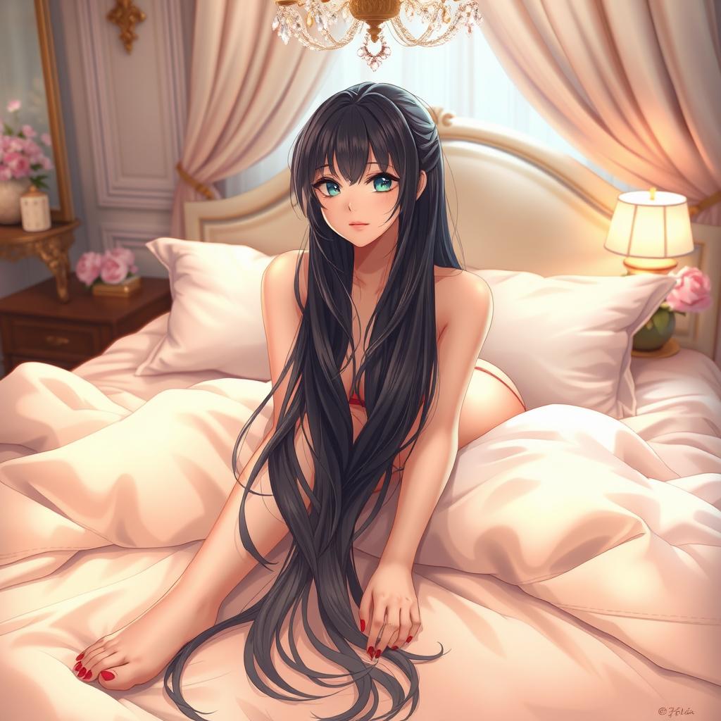 A beautiful anime-style woman, lying on a luxurious bed, surrounded by soft, flowing sheets