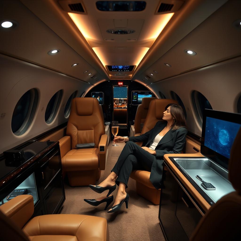 A luxurious night scene inside a private jet, featuring a cozy and elegant cabin with plush leather seats, soft ambient lighting, and large windows showing a starlit sky outside