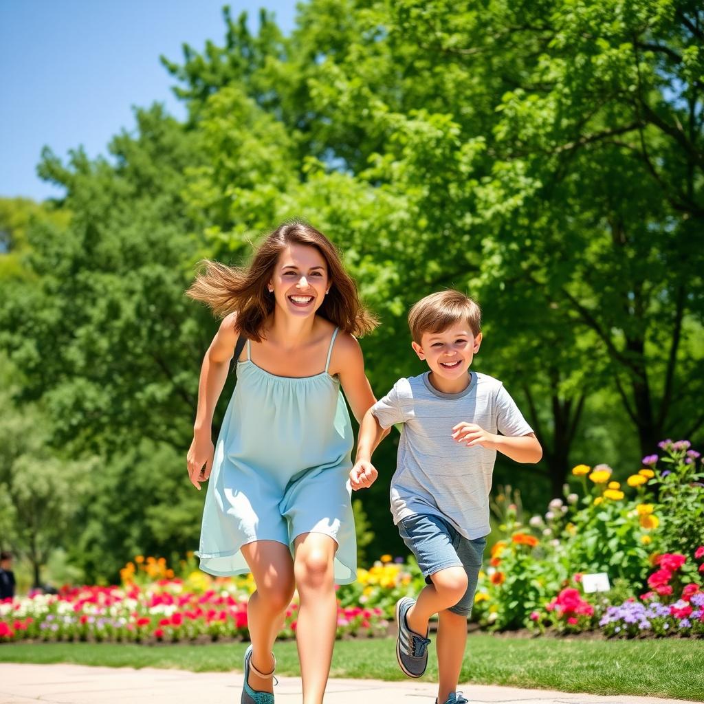 A warm family moment featuring a mother and her two sons enjoying a sunny day at the park
