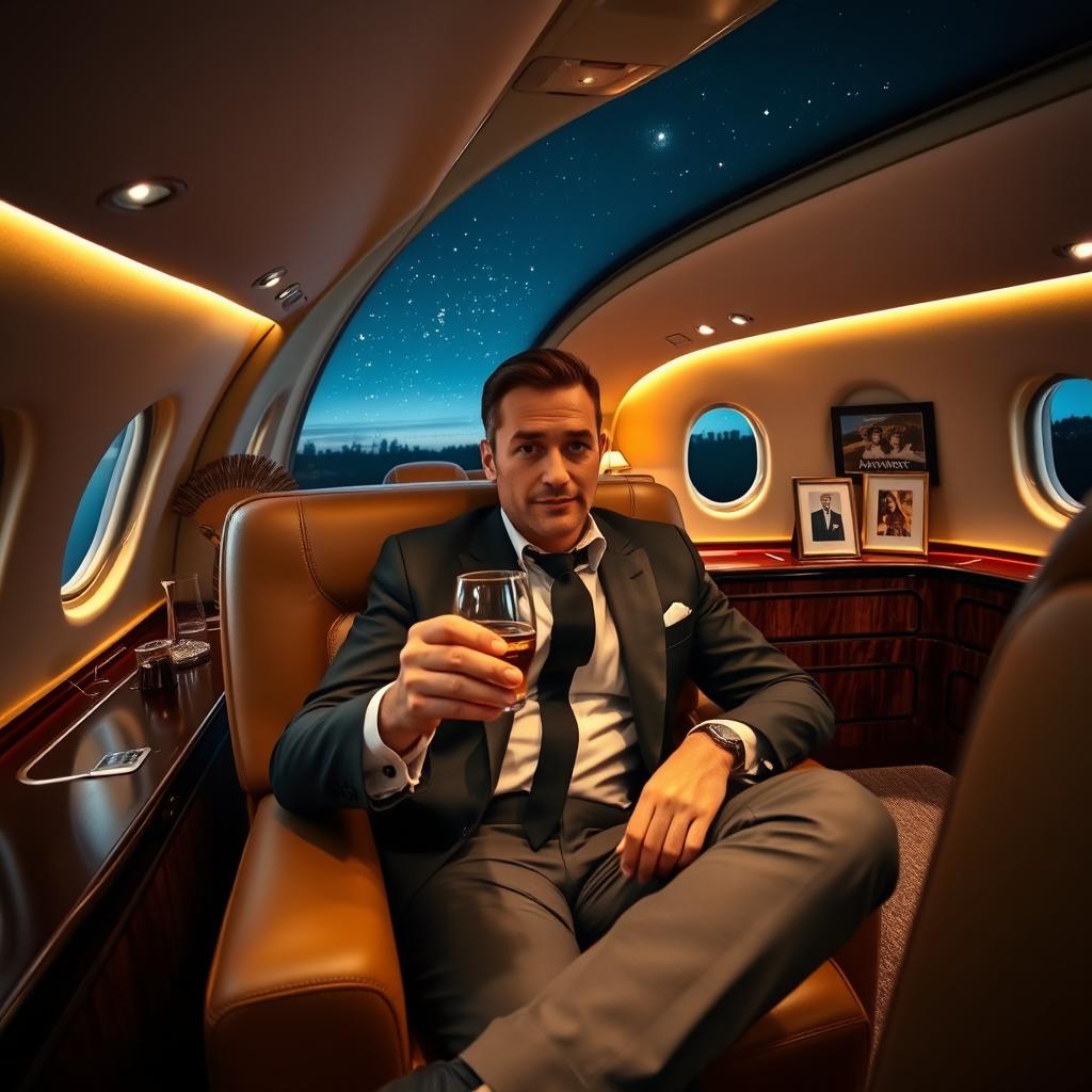 A sophisticated man seated comfortably in a luxurious private jet during a night flight, dressed in an elegant suit with a glass of fine whiskey in hand