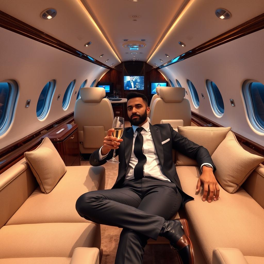 A luxurious interior of a private jet featuring a comfortable seating area, high-end finishes, and panoramic windows