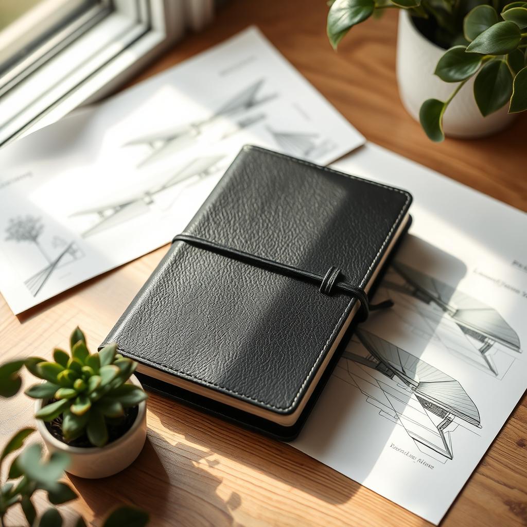 A simple black diary book with a textured cover, resting on a wooden desk, surrounded by landscape architecture sketches and plants