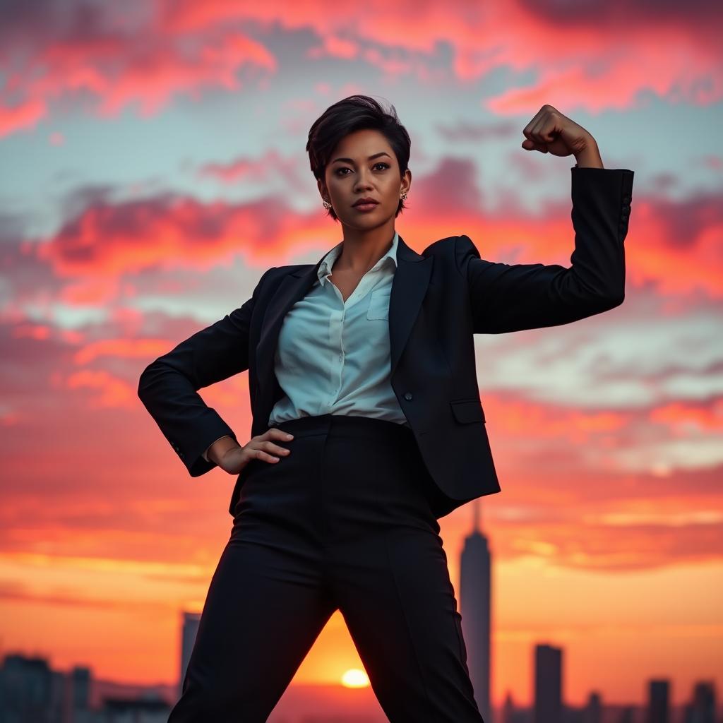 A powerful, confident woman standing atop a city skyline at sunset, wearing modern business attire with a bold stance