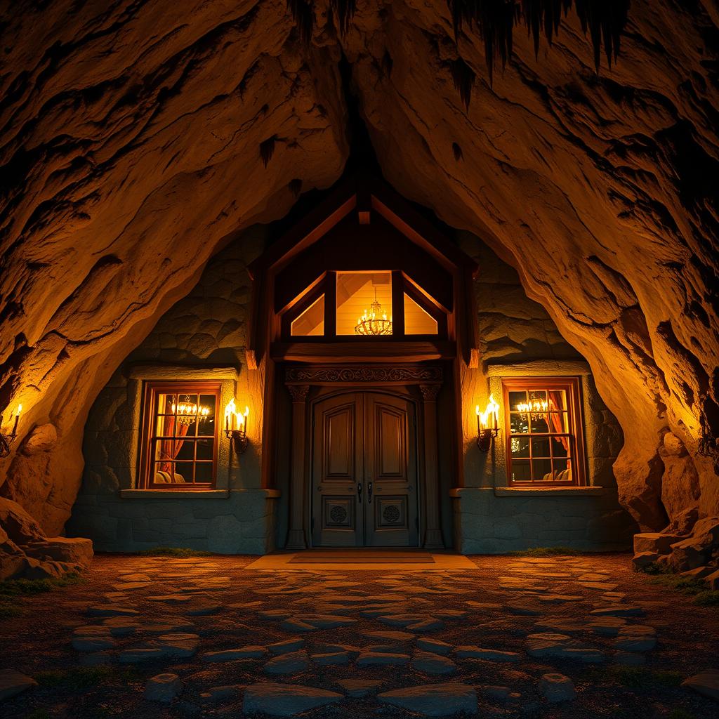 The front of a majestic hunting lodge, featuring a large, ornate door and two symmetrical windows on either side
