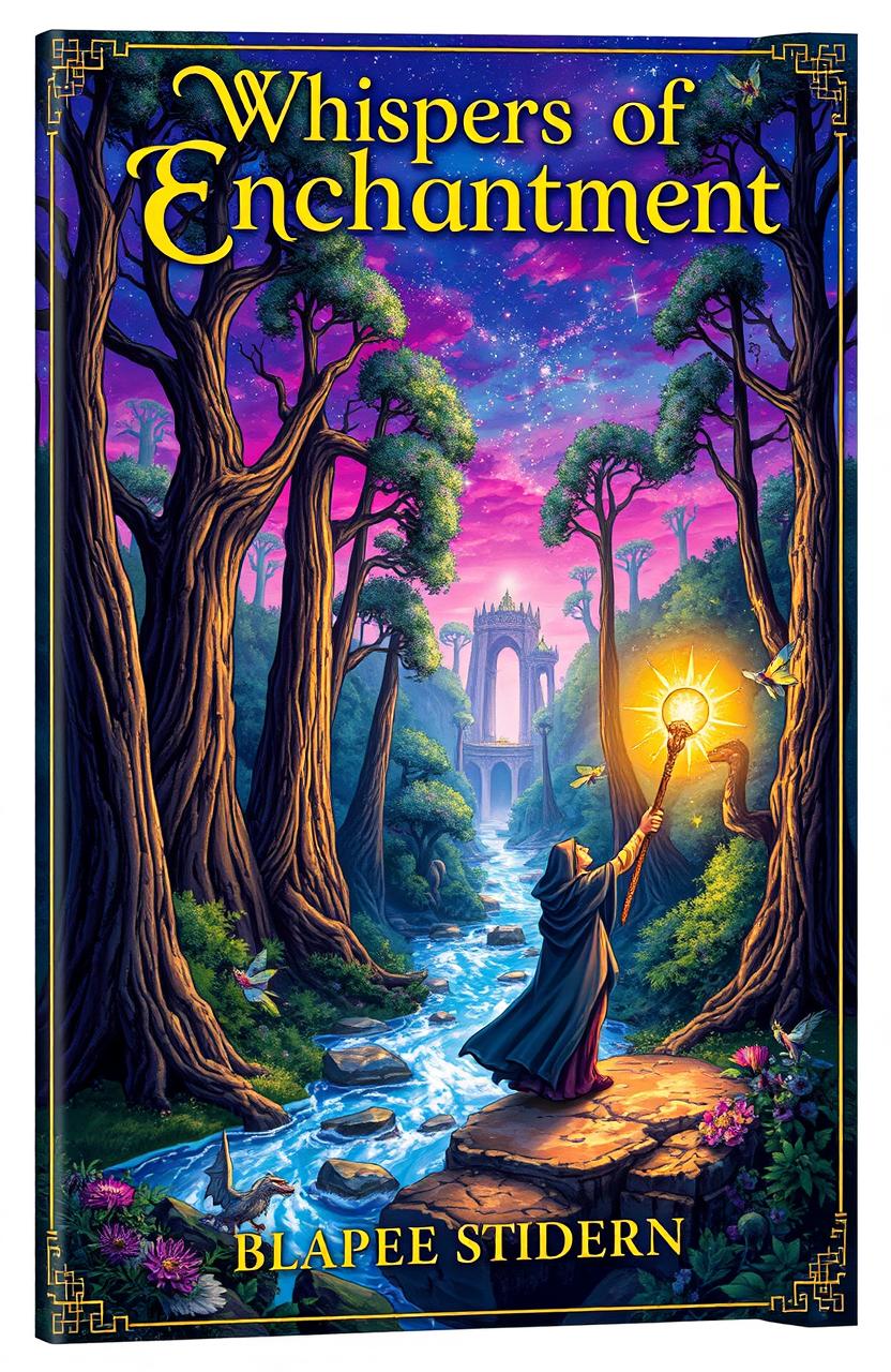 A beautifully illustrated fantasy book cover featuring a magical forest with towering, ancient trees and a sparkling river flowing through it