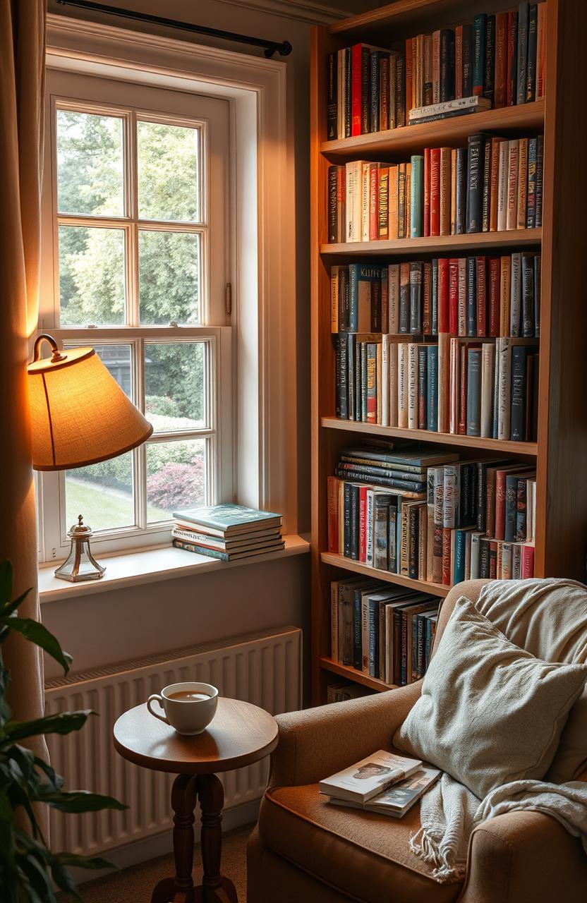 A beautifully arranged bookshelf filled with an eclectic mix of books of various sizes, colors, and genres, set in a cozy reading nook