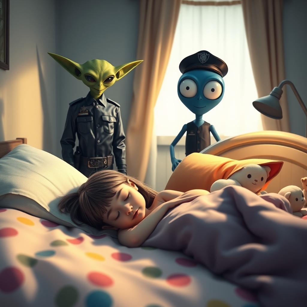 A scene depicting a serene bedroom with a little girl sleeping peacefully in her bed