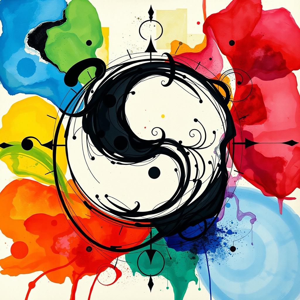 An abstract illustration on parchment, featuring a vibrant and colorful composition that boldly incorporates a strong black and white yin yang element at its center