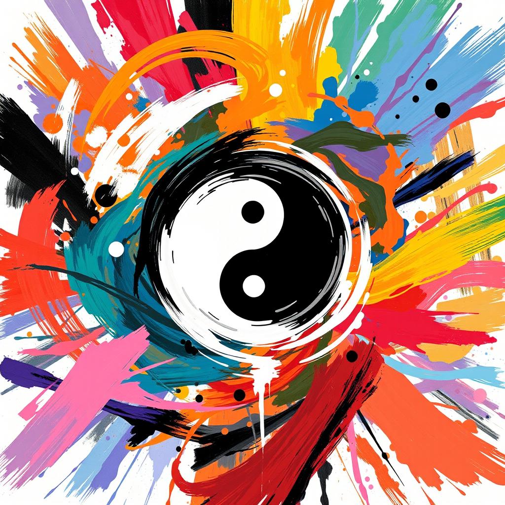 A strong illustration featuring bold, visible brush strokes that create a dynamic and colorful composition, prominently displaying a striking black and white yin yang element at its core