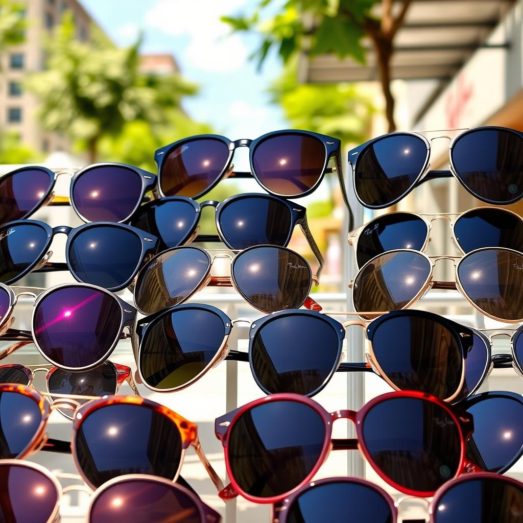 A stunning display of various Ray Ban sunglasses, showcasing an array of styles such as aviators, wayfarers, and round frames