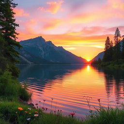A serene landscape featuring a calm lake reflecting the surrounding mountains during a beautiful sunset