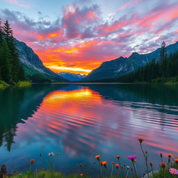 A serene landscape featuring a calm lake reflecting the surrounding mountains during a beautiful sunset