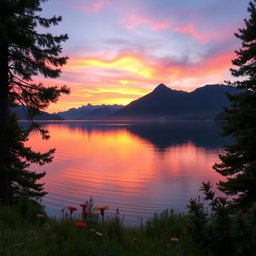 A serene landscape featuring a calm lake reflecting the surrounding mountains during a beautiful sunset