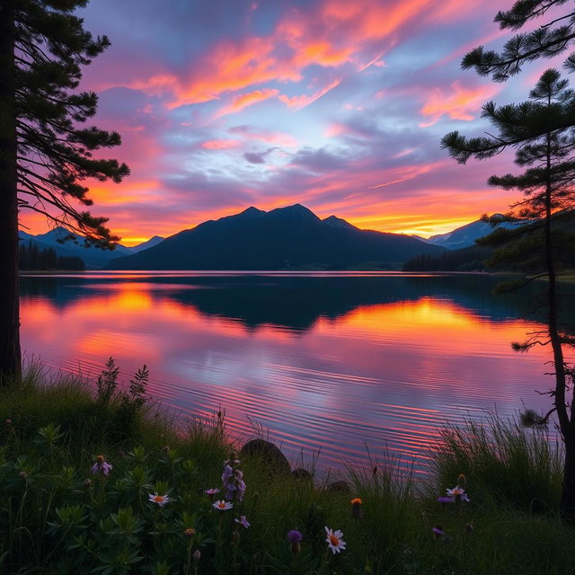 A serene landscape featuring a calm lake reflecting the surrounding mountains during a beautiful sunset