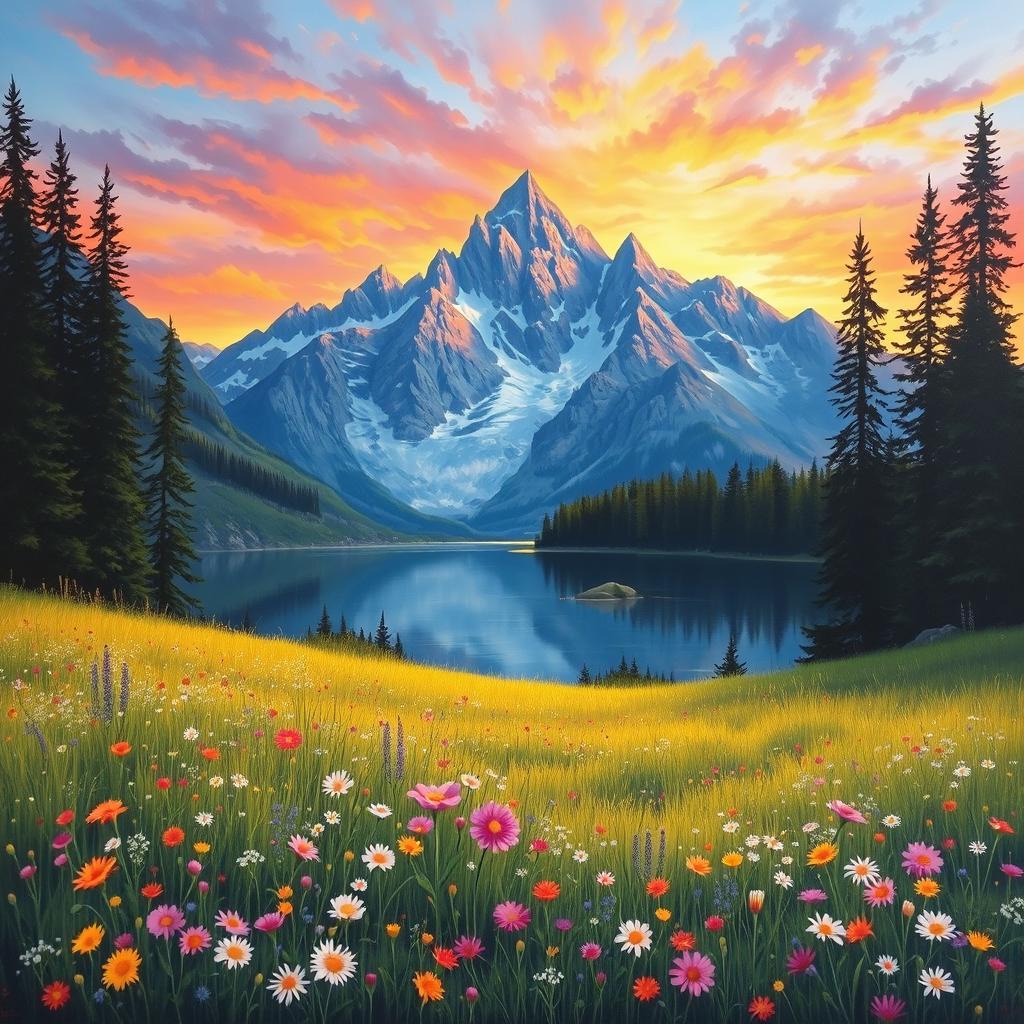 A breathtaking landscape painting featuring a majestic mountain range in the background with a vibrant sunset casting an array of colors across the sky
