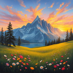 A breathtaking landscape painting featuring a majestic mountain range in the background with a vibrant sunset casting an array of colors across the sky