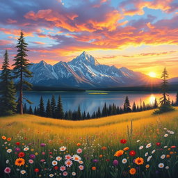 A breathtaking landscape painting featuring a majestic mountain range in the background with a vibrant sunset casting an array of colors across the sky