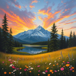 A breathtaking landscape painting featuring a majestic mountain range in the background with a vibrant sunset casting an array of colors across the sky