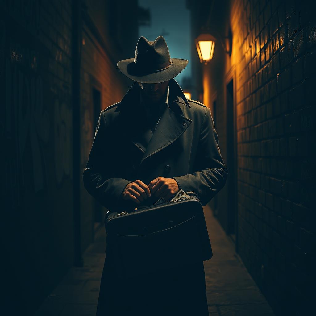 A shadowy figure in a dark alley, wearing a trench coat and fedora, holding a briefcase filled with money