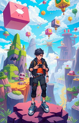 A vibrant and surreal illustration of a young adult protagonist standing at the edge of a fantastical video game world, holding a game controller