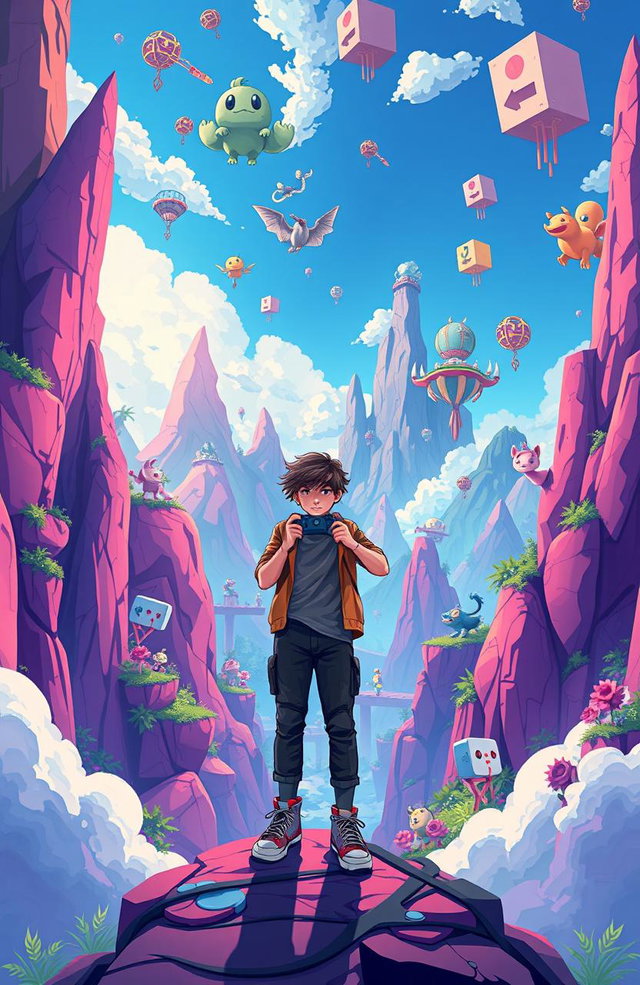 A vibrant and surreal illustration of a young adult protagonist standing at the edge of a fantastical video game world, holding a game controller