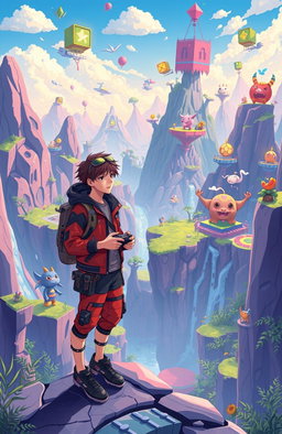 A vibrant and surreal illustration of a young adult protagonist standing at the edge of a fantastical video game world, holding a game controller