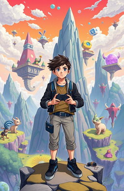 A vibrant and surreal illustration of a young adult protagonist standing at the edge of a fantastical video game world, holding a game controller