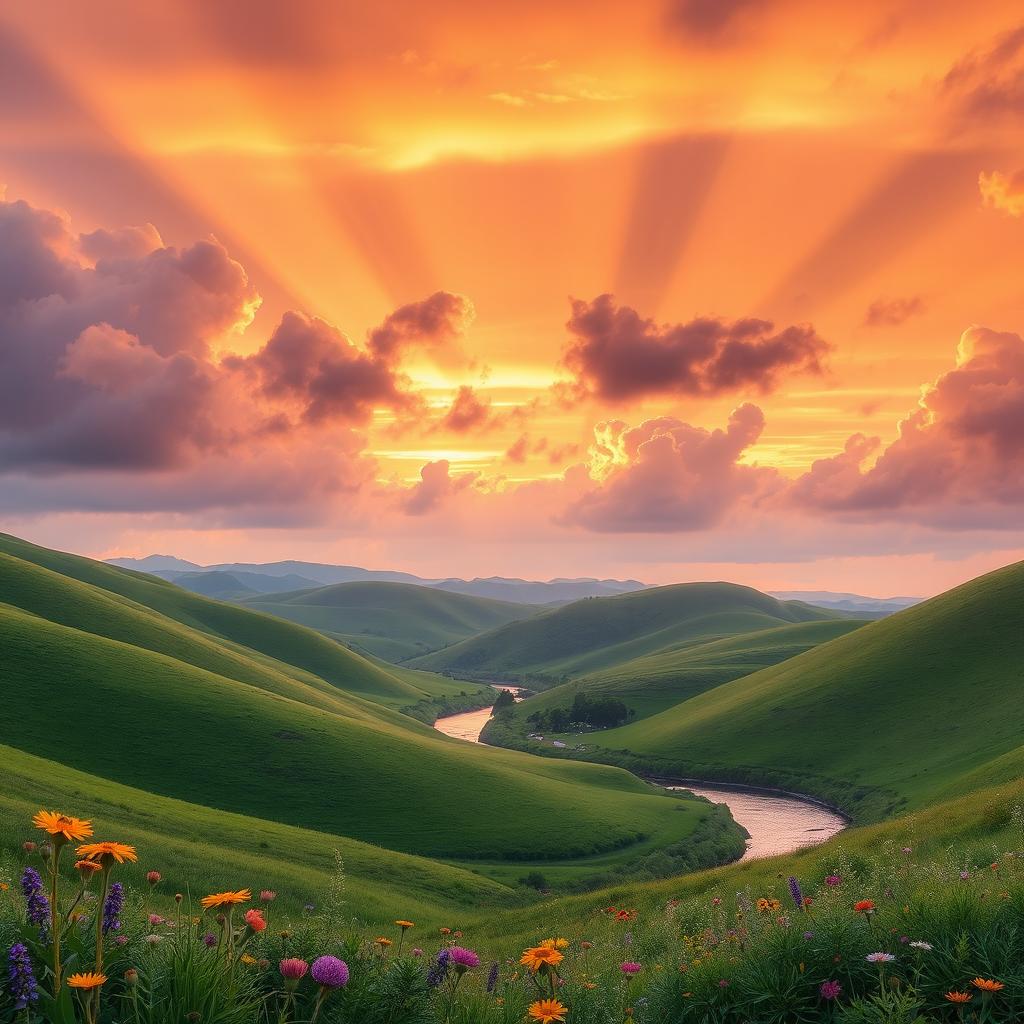 A scenic landscape featuring rolling hills and a beautiful sunset sky