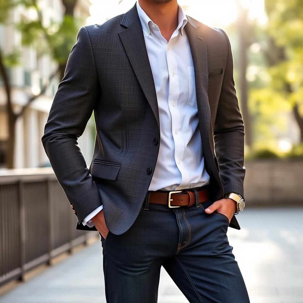 A stylish smart casual outfit featuring a well-fitted blazer over a crisp white button-up shirt, paired with dark jeans and polished leather shoes