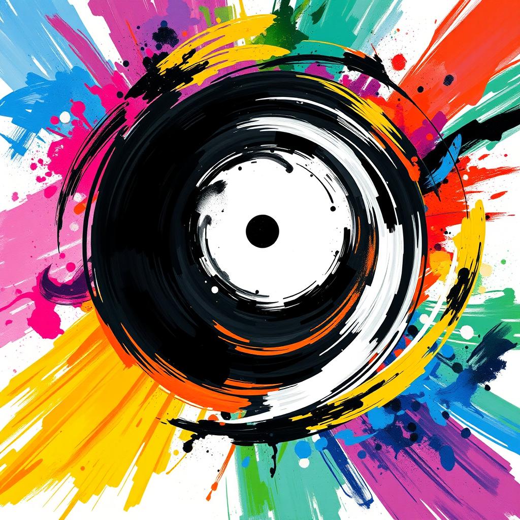 A strong illustration featuring bold, visible brush strokes that create a visually striking and colorful composition, prominently displaying an impactful black and white yin yang element at its center